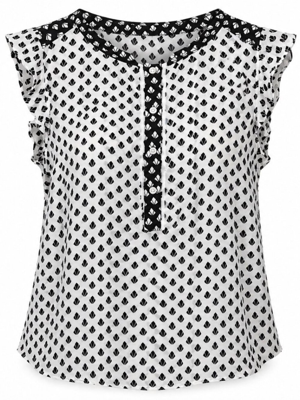 LOFT Petite Black White Geometric Henley Cap Sleeve Blouse Womens SP Office Wear